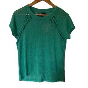 J. J. Basics teal distressed short sleeve blouse size medium 100% polyester